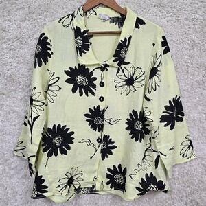 Habitat Womens‎ Linen Button Up Shirt Yellow Black Floral Print Size L Artsy